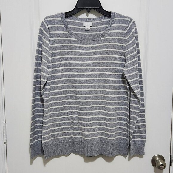 Old Navy Womens L Classic Crew Neck Sweater Gray Stripe Silver Shimmer - Picture 1 of 5